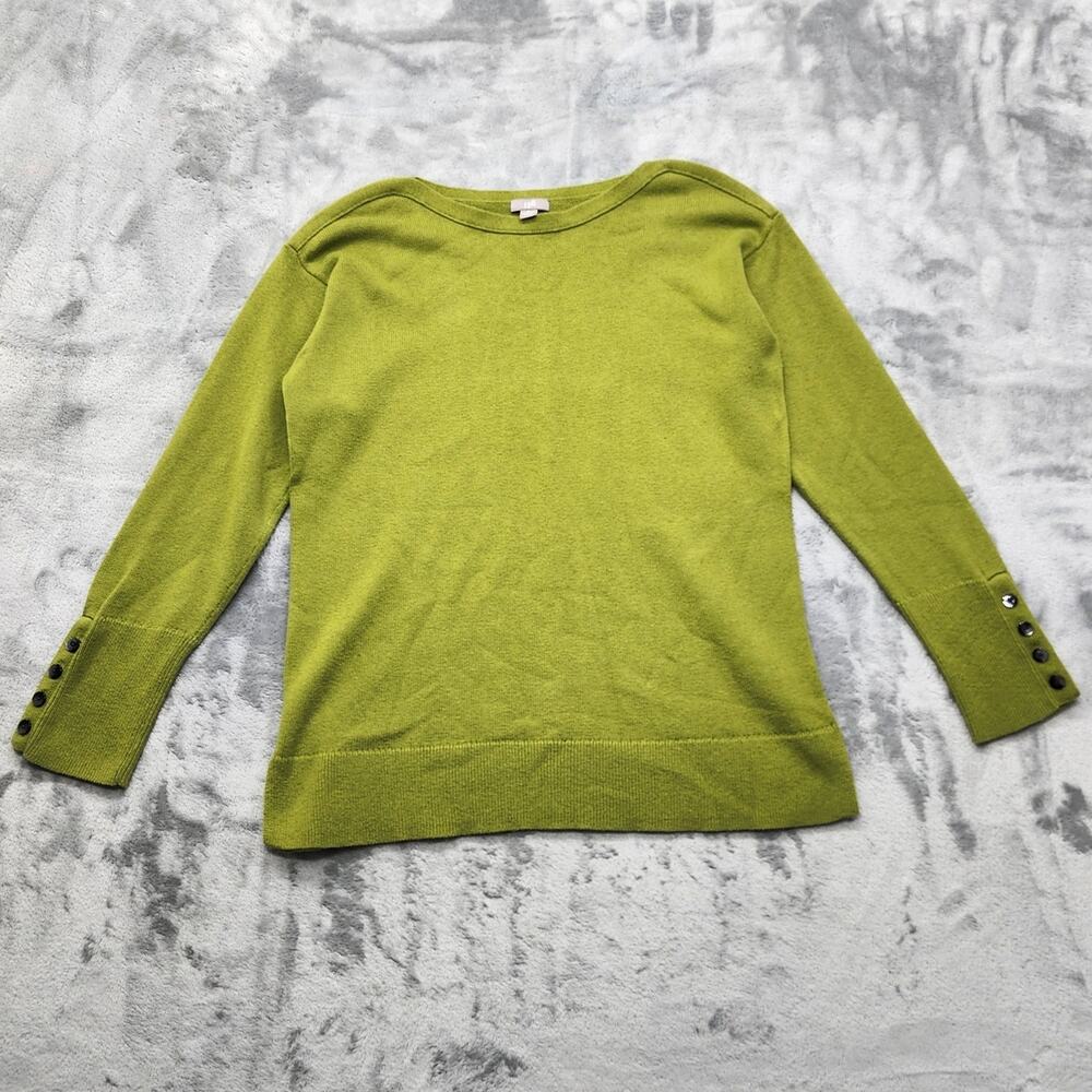 J.Jill Sweater Women M Green Wool Blend Knit Boatneck Button Detail Cuffs Preppy